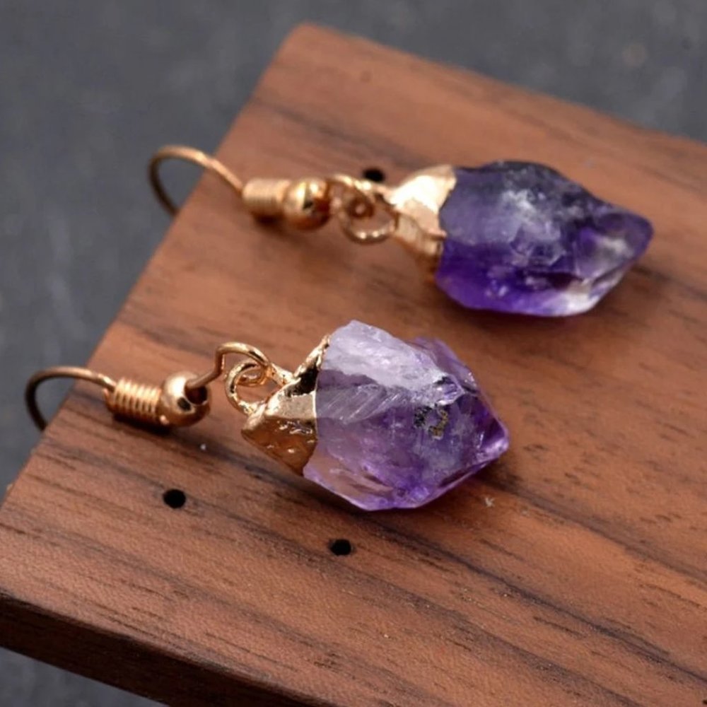 Natural Raw Amethyst Crystal Teardrop Dangle Earrings
